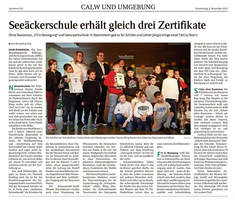 Unsere Seeäckerschule freut sich über Dreifach-Auszeichnung, Pressebericht 2023.