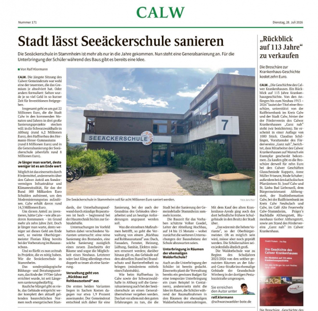 Zeitungsbericht über geplante Sanierung der Seeäckerschule