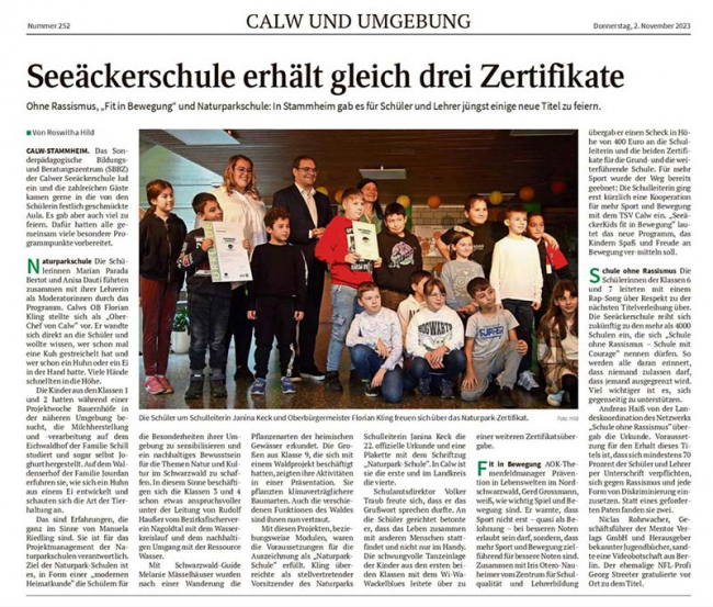 Unsere Seeäckerschule freut sich über Dreifach-Auszeichnung, Pressebericht 2023.