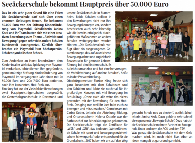 Zeitungsbericht zum Bericht über die Stiftung Playmobil und unsere Seeäckerschule, 2024.